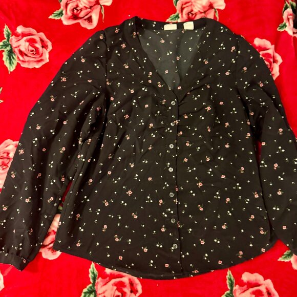 Levi’s Women’s Zenda Ruched Long-Sleeve Blouse Black Floral Size M MSRP $59 - Picture 3 of 12